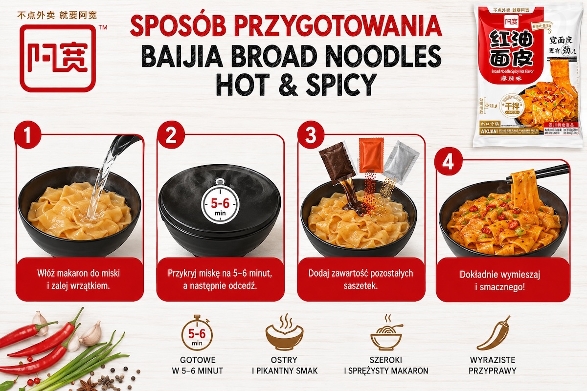 Przygotowanie: Chiński Błyskawiczny Szeroki Makaron Instant Broad Noodles Hot & Spicy 110g BAIJIA